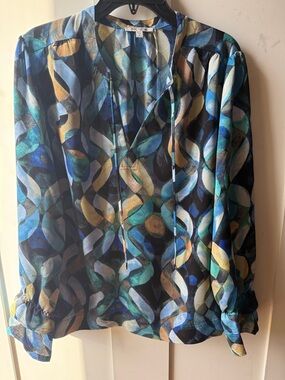 NIC+ZOE Multi-Color Wave Print blouse  - Blue, Teal, Gold